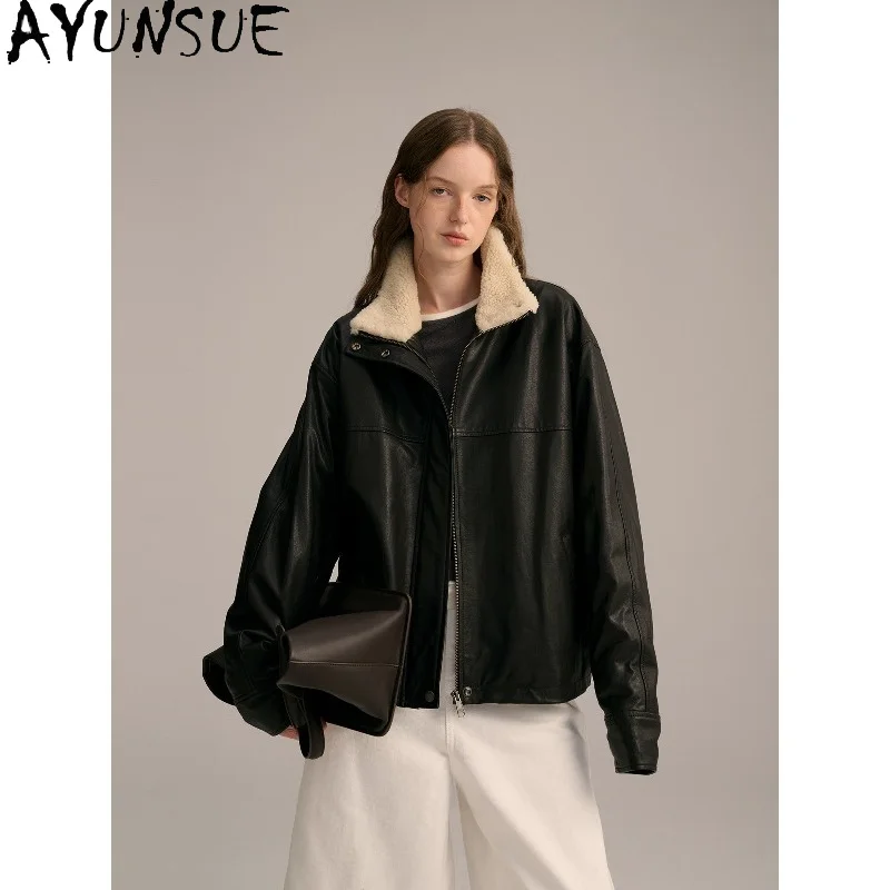 AYUNSUE Women's Real Leather Down Coats Vegetable-tanned Sheepskin Jacket 90% White Goose Down Coat Warm Fur Collar Outerwears