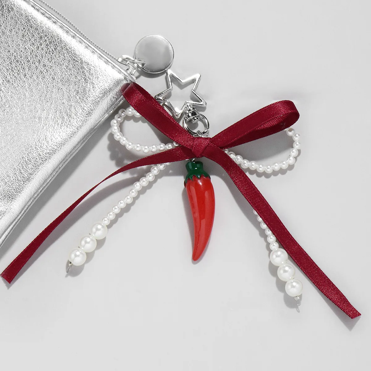 Wine Red Ribbon Cherry Pendants Keychain Women Sweet White Pearl Bow Backpack Key Ring Jewelry Bags Decoration Friendship Gifts - view 4