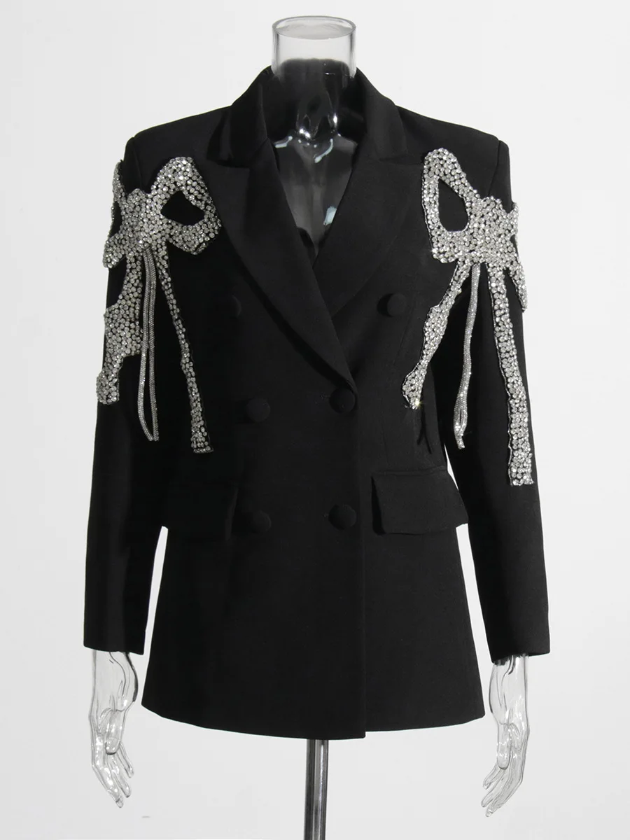 Laço feminino Flares bordados Blazer de lapela de diamantes, jaqueta manga comprida, casaco duplo, solto, luxo, formal