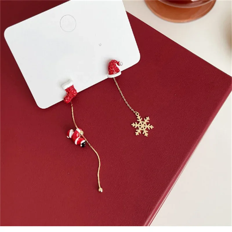 Fashion Climbing Santa Claus Tassel Stud Earrings For Women Tree Snowflake Asymmetric Drop New Year Jewelry Xmas Gifts