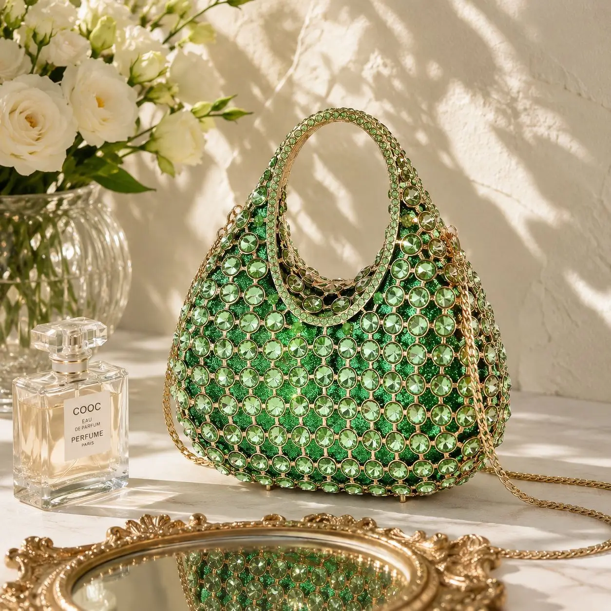 Green water drop rhinestone portable dinner bag hollow full diamond crescent bag women's dress chain crossbody clutch bag
