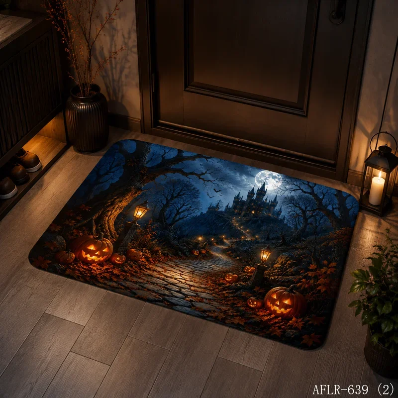 VIKAMA Foggy Forest Castle Pumpkin Halloween Doormat Non Slip Indoor Outdoor Rug Spooky Full Moon Front Entrance Decor Mat