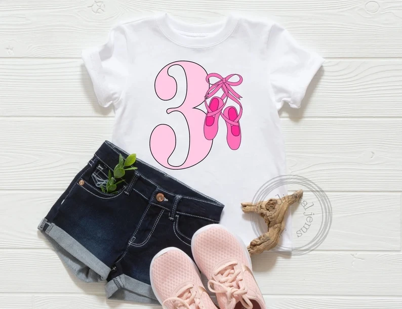 T-shirt Kawaii com estampa de Ballet Dance para meninas, camiseta fofa, gráficos numéricos, 2-8 roupas de aniversário infantis, aniversário