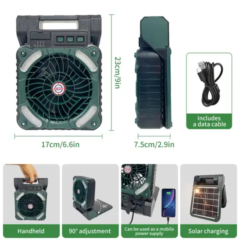 Portable Solar Camping Fan with LED Light 90° Adjustable Rechargeable Outdoor Fan USB Powered Cooling Fan with Lighting for Camp