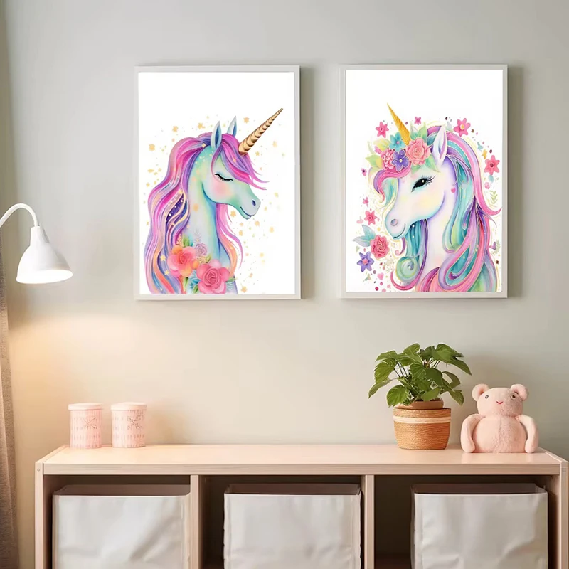 Impresiones artísticas de pared en lienzo de unicornio, nube, arcoíris, póster de unicornio para decoración de habitación de niñas, cuadro de pintura en lienzo bonito, Mural para decoración del hogar