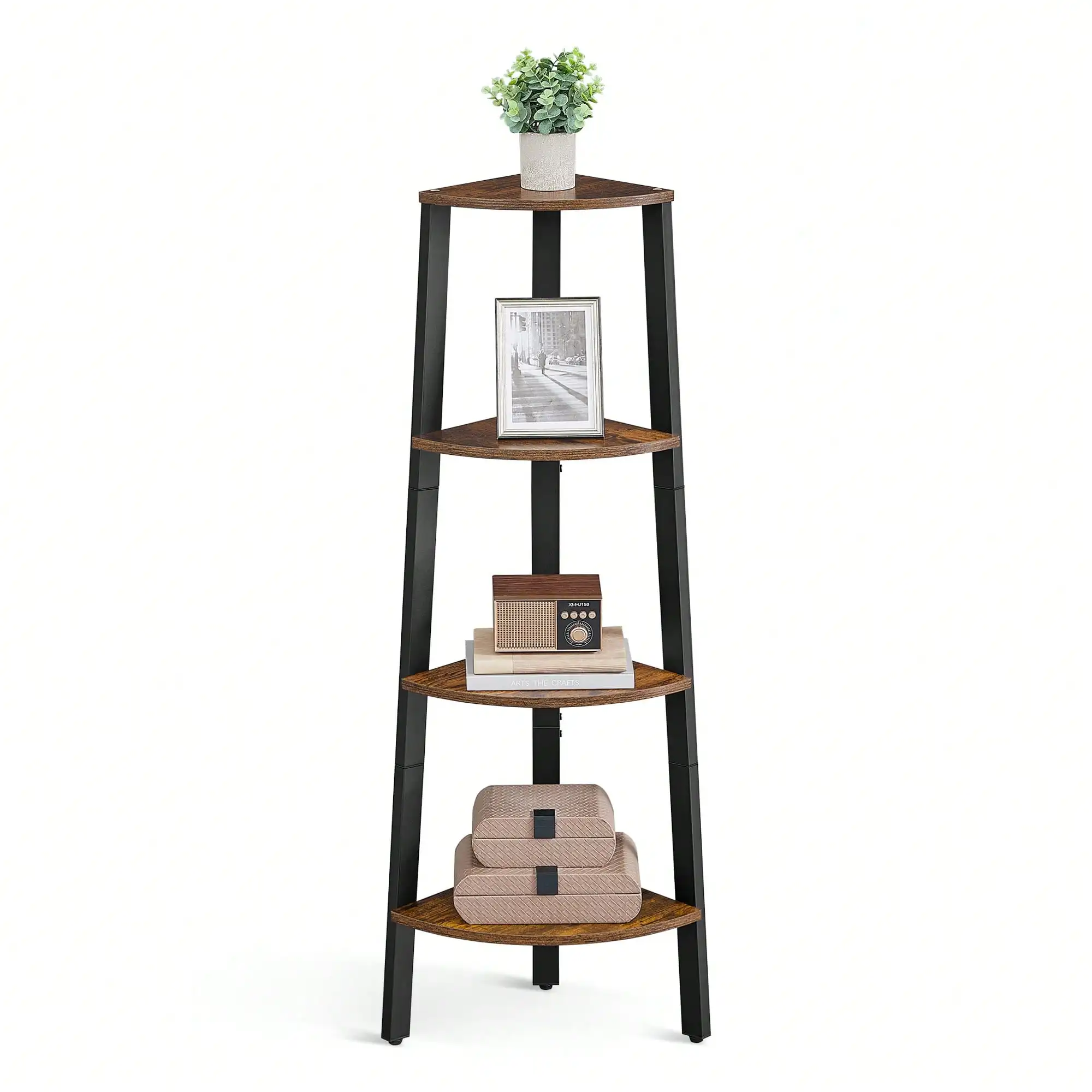 VASAGLE Corner Shelf Stand, 4-Tier Corner Bookshelf, Industrial Corner Ladder Shelf, Plant Stand Display Shelf For Living Room, Office, Kitchen, Rustic Brown And Black