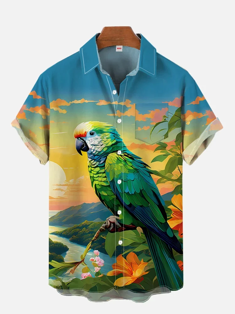 New Men's Shirt 3d Fashion Casual Parrot Bird Print Hawaiian Lapel Button Shirt Short Sleeve Top Homme Harajuku Ropa Hombre