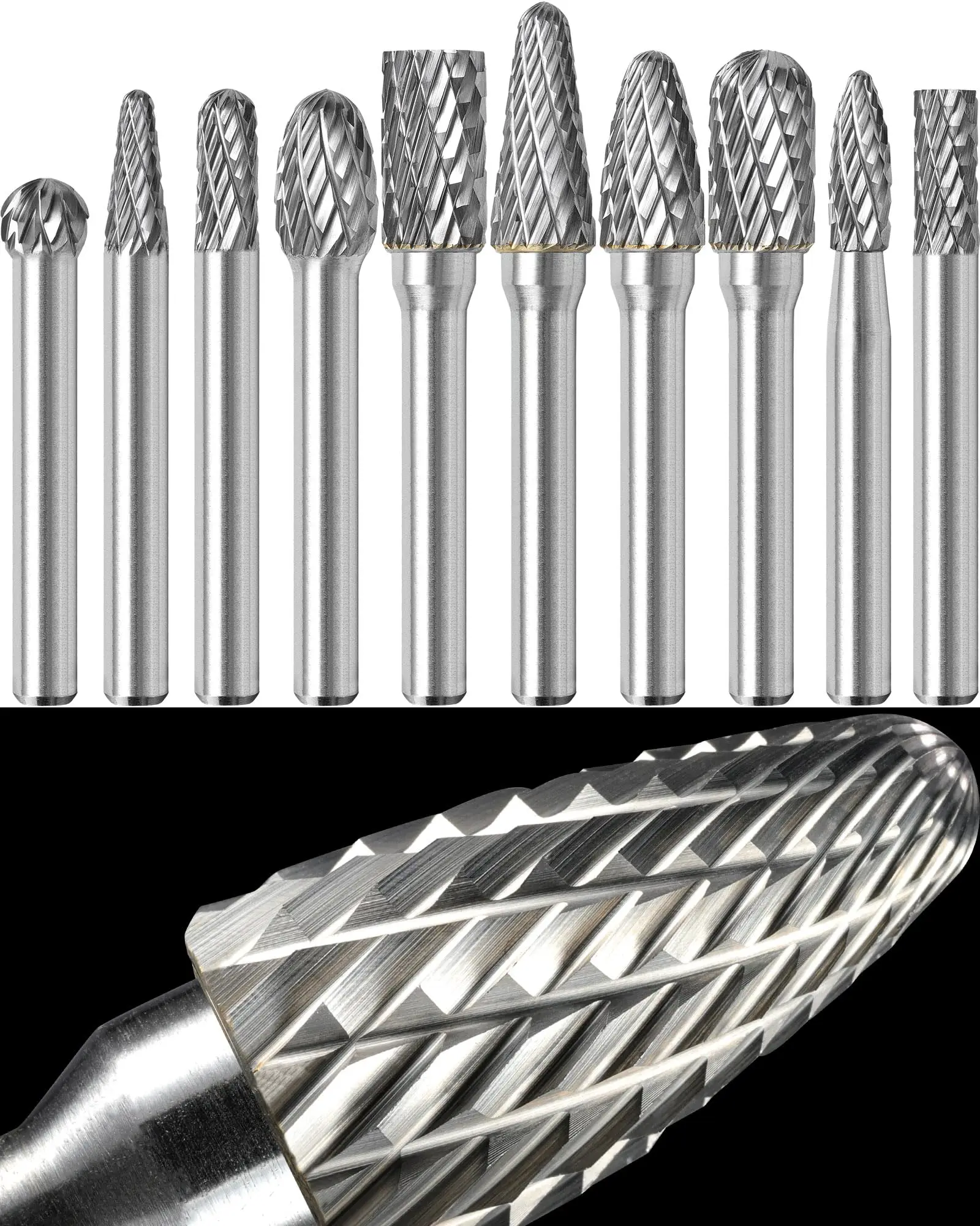 

Double Cut Carbide Burr Set 10pcs 3mm Shank Tungsten Steel HRC65 for Dremel Rotary Tool Metal Carving Grinding Polishing