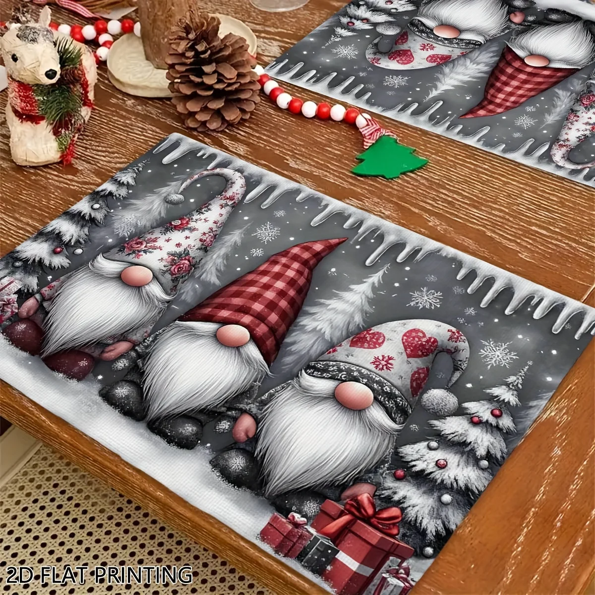 

VIKAMA 4/6PC Christmas Dish Mat Grey Bottom Red Hat White Beard Snowflake Pine Table Restaurant Christmas Decoration