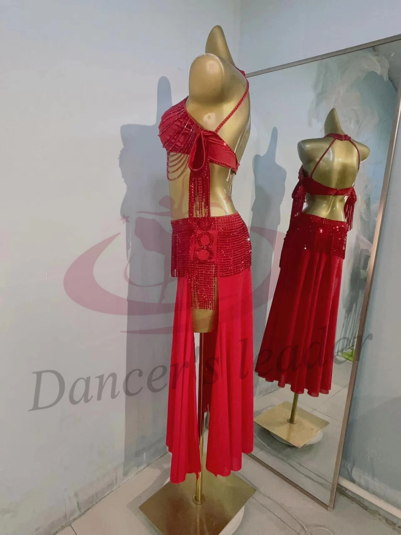 Konkurs Tańca Brzucha Damska Ekskluzywna Sukienka na Zamówienie z Czerwonymi Kryształkami, Koralikami, Rurką, Amerykańska Samba, Sukienka z Cyrkoniami