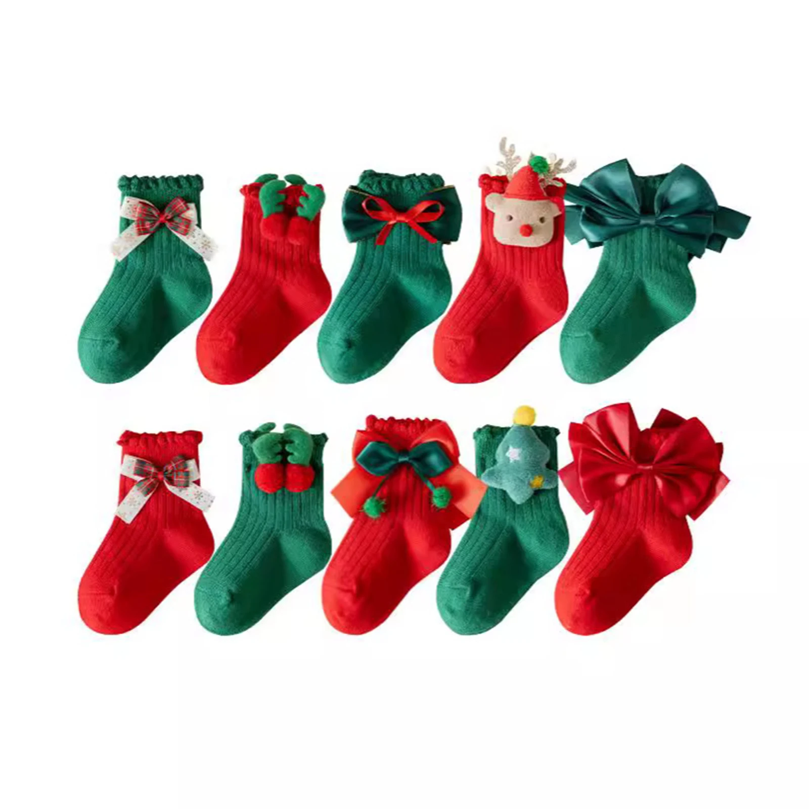 Toddler Girls Christmas Socks Cute 3D Antler Bow Tree Crew Socks Soft Breathable Cotton Socks