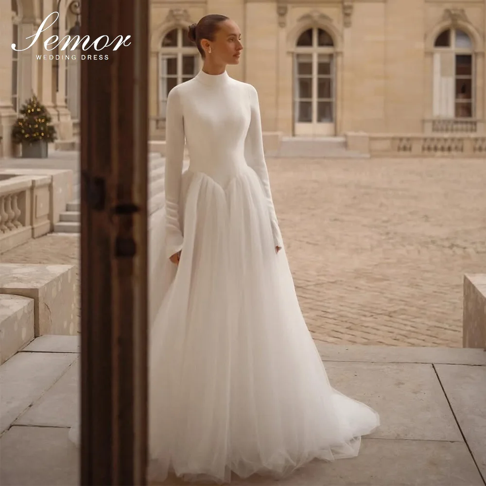 Semor Maßgeschneiderte weiße Hochzeitskleider mit hohem Kragen für Damen, langärmliges Tüll-Brautkleid, A-Linie, Hofschleppe, Hochzeitskleid 2026