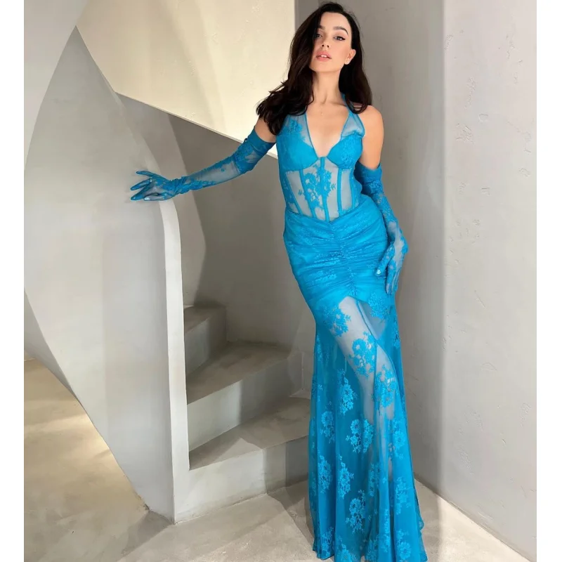 Fashionable Gloves Blue See Through Lace V-Neck Halter Mermaid Dress Elegant Goddess Evening Dress Celebrity Party Vestido