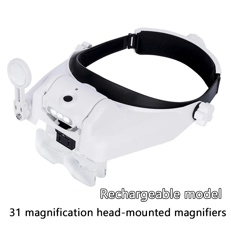 

Head-mounted 31-fold triple LED light reading magnifying glass USB rechargeable battery long standby helmet magnifying glass