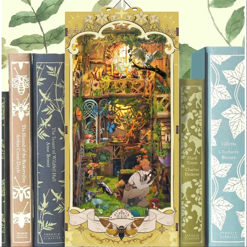 DIY Book Nook Wooden Miniature Model Kit The Records of Insects Bookend Assembled 3D Puzzle Bookshelf Home Decor Friends Gifts