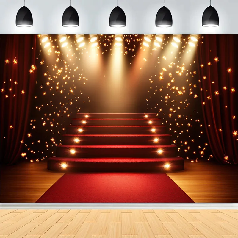 

Red Carpet Stage Shining Spotlights Photography Backdrops Stair Lighting Bollywood Golden Regal Awards Photo Background WT-03