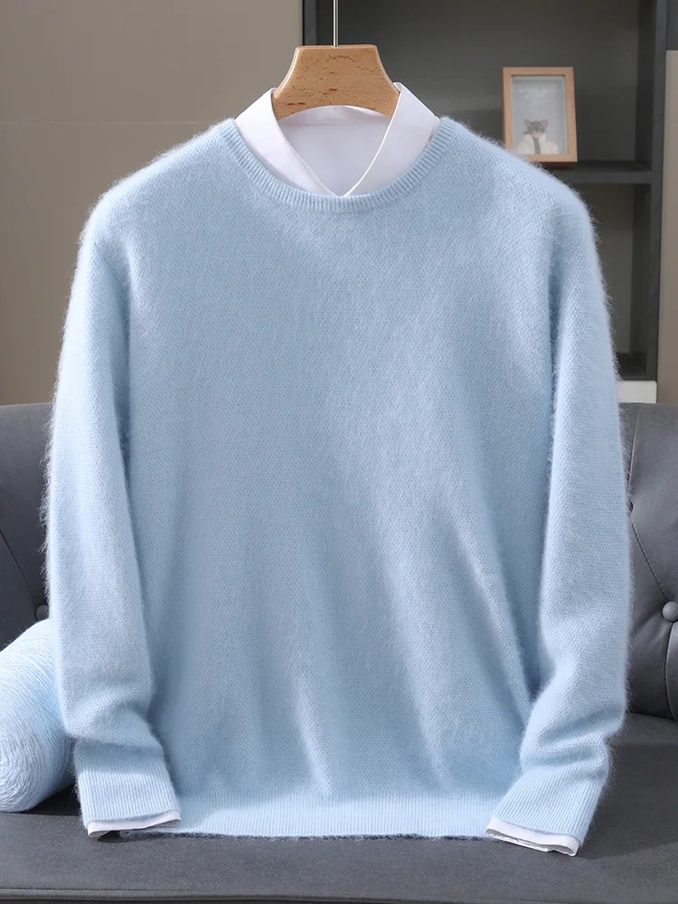 

TLOML Men's 100% Mink Cashmere Sweater O-neck Solid Pullover Smart Casual Soft Warm Spring Autumn Mink Cashmere Comfy Simple Top