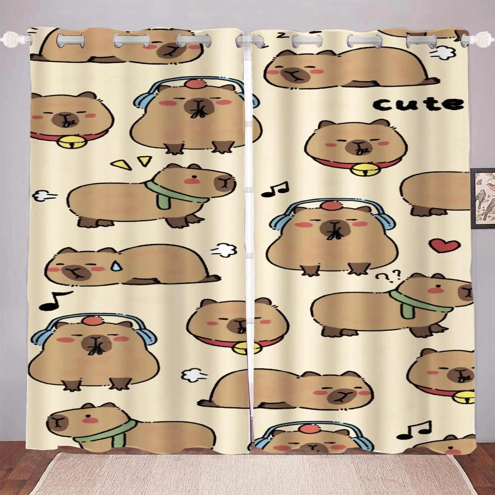 Capybara Guinea Pig Polyester Curtain Set 2 Panels Cartoon Shade Curtain For Bedroom Living Room Home