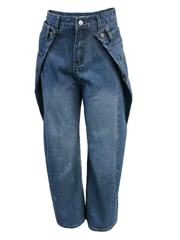Retro Knife-Shape Wide Leg Jeans Women's Autumn Spring Splicing Slimming Long Pants American Style Vintage High Waist Cotton
