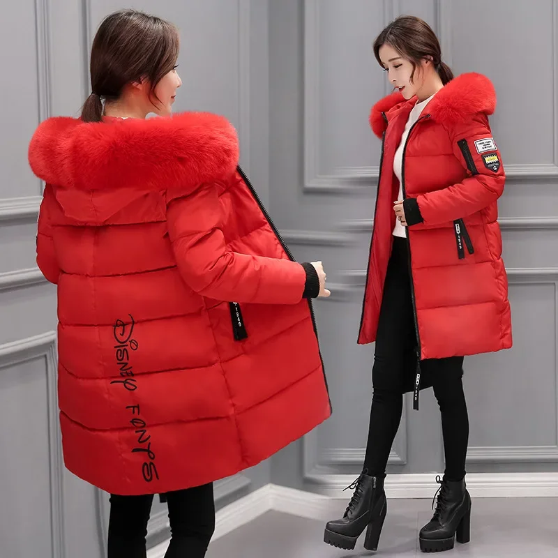 2023 Dames Dons Parka 'S Winterjas Grote Bontkraag Dikke Slanke Jas Mode Capuchon Katoenen Bovenkleding Lange Winter Vrouw Jas