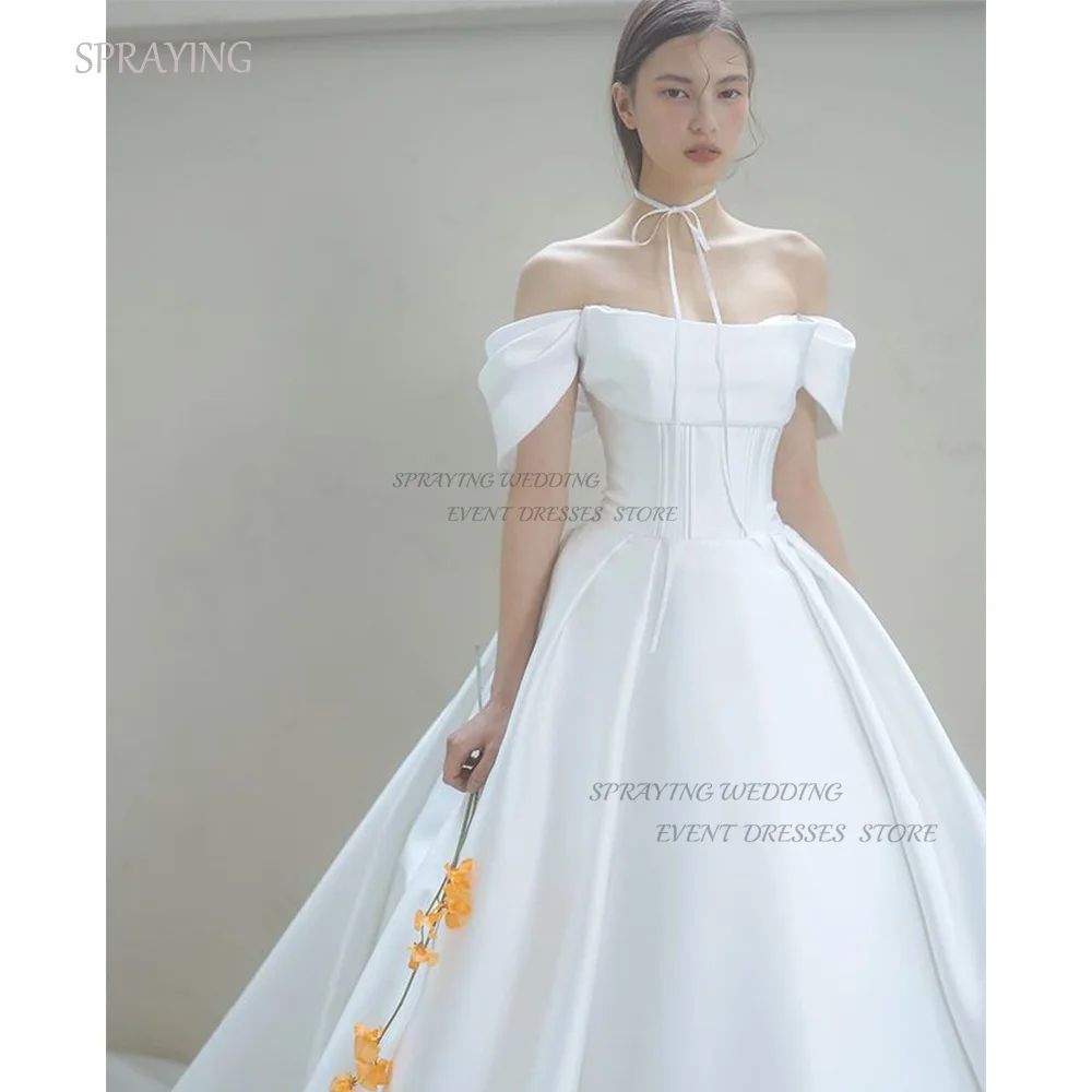 

SPRAYING Simple Elegant Wedding Party Dresses 2024 Off the Shoulder A-line Bridal Gown Photo Shooting Custom Made Satin