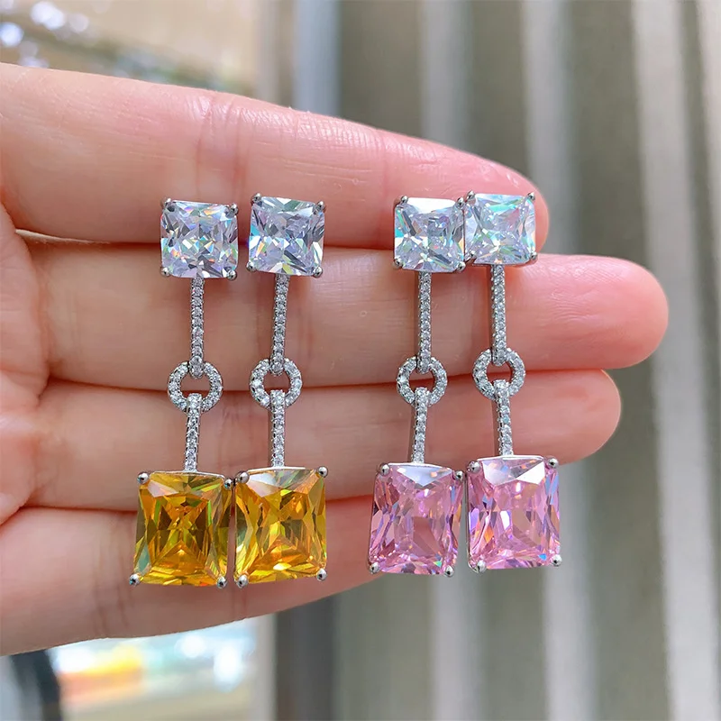 Luxury brand genuine real jewels Net Red Pink Earstuds Micro Embedding Simulation Yellow Diamond Earrings Female Live Broadcast