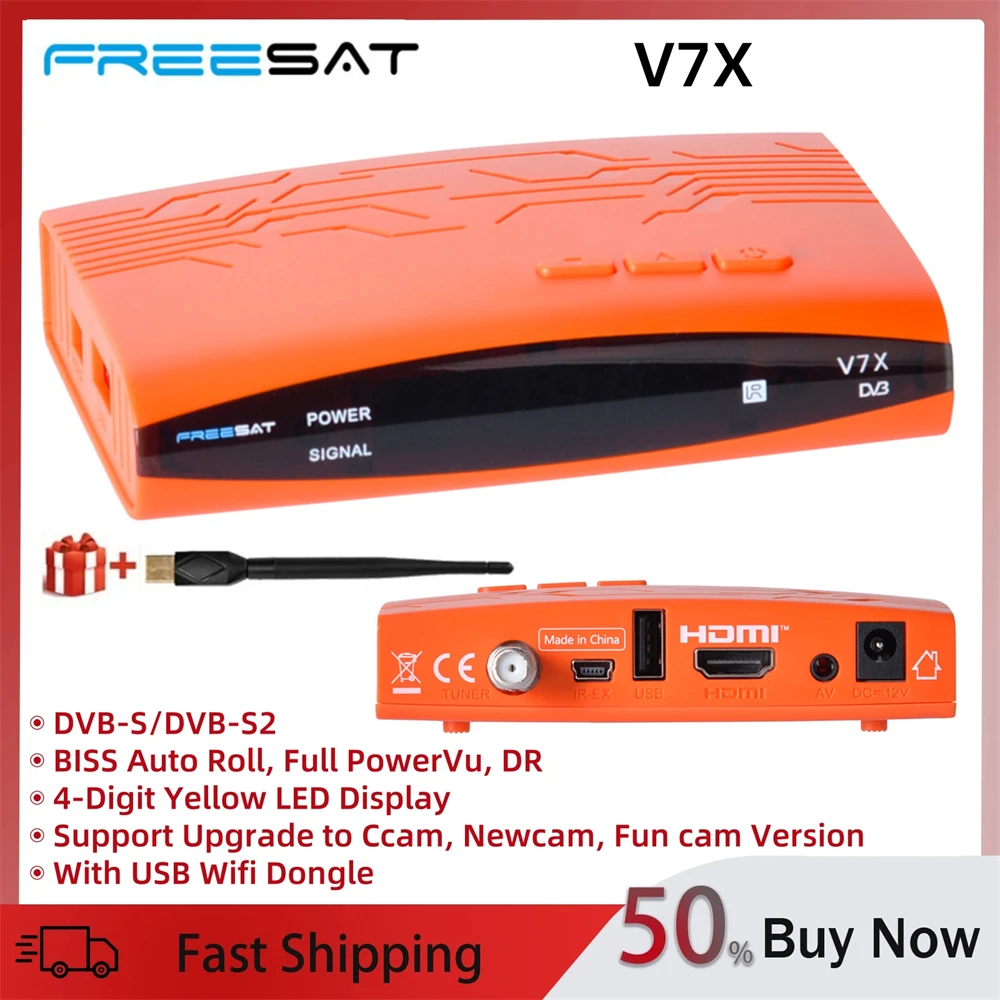 freesat-v7x-dvb-s-s2-衛星受信機、h264-biss-オートロール、フル-powervu、usb-wifi-ドングル付き-funcam-ccam-newcam-tv-ボックスをサポート