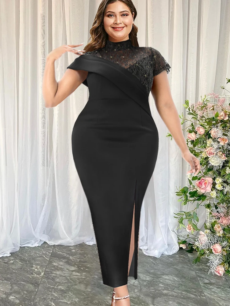 Big Size Elegant Evening Party Dresses Women Black Lace Patchwork Short Sleeve Stand Neck Slit Summer Stylish Celebrity Gowns