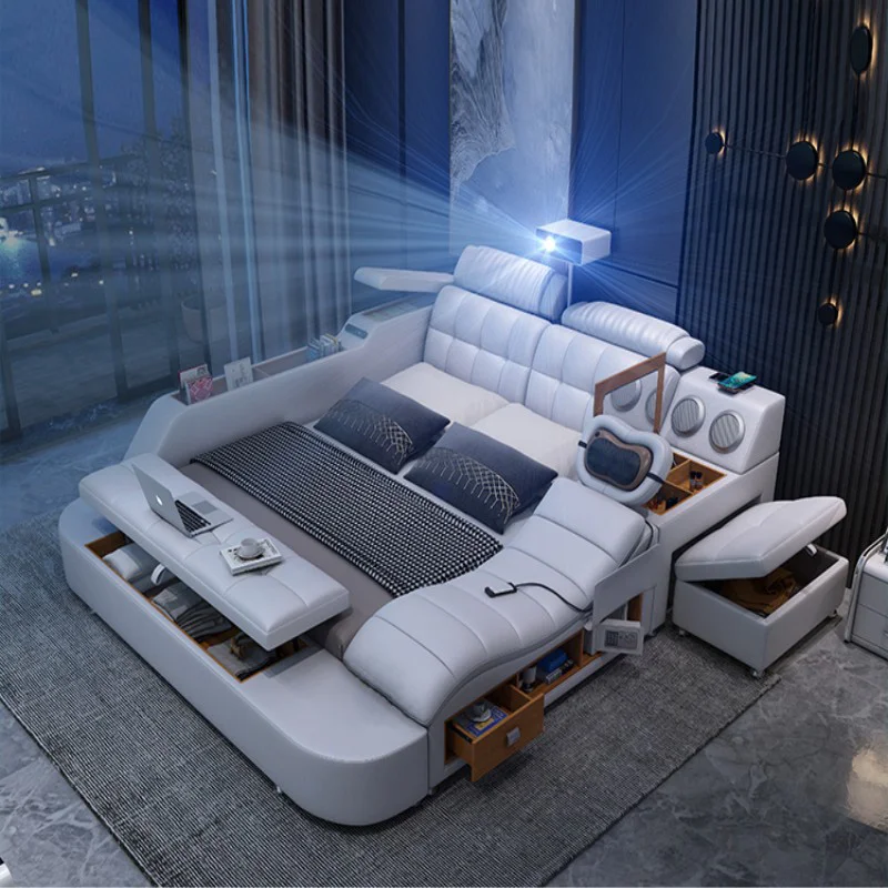 Deluxe leather intelligent multi-functional tatami extra large platform upholstered fabric soft bed storage speaker