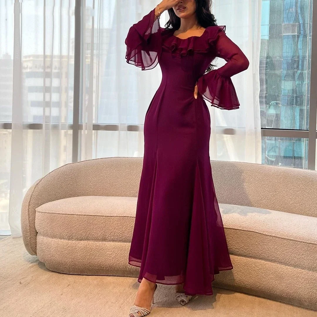 

Vintage Purple Square Prom Dress Ruffles A-Line Formal Occasion Evening Party Gowns Saudi Arabia Evening Dresses