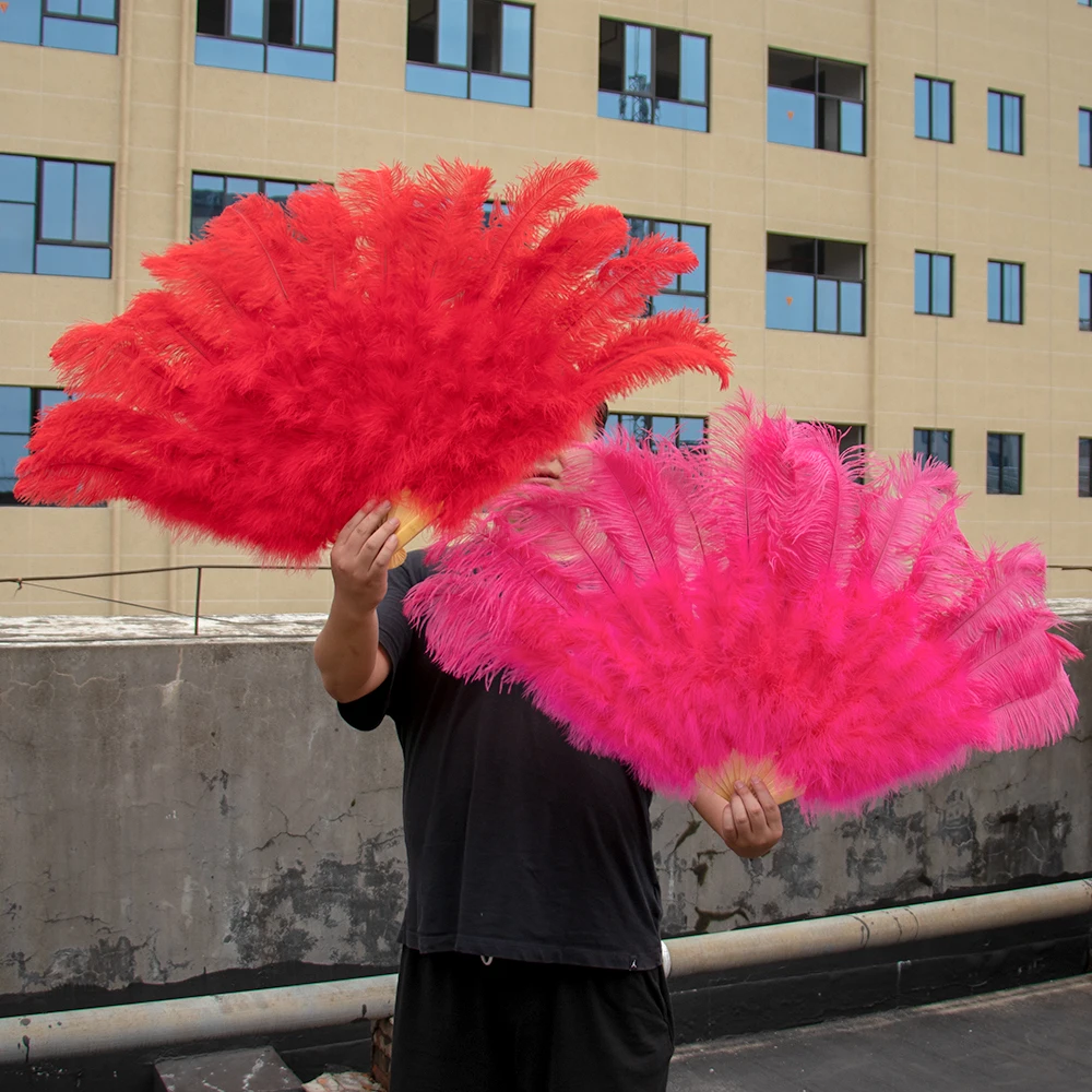 Natural Ostrich Feather Fan 13 Bones Big Hand Held Folding White Fan for Performance Dance Fans Party Stage Carnival Show Props