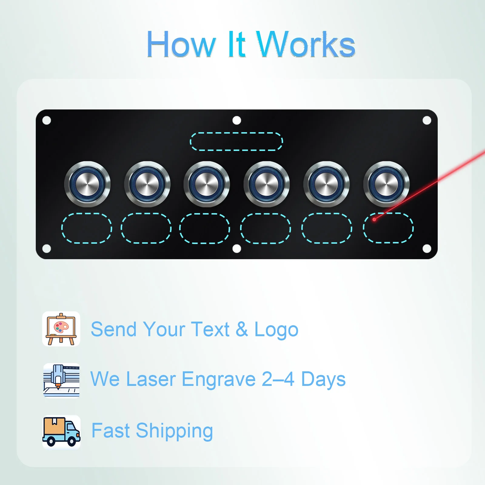 Boat Blue LED Metal Push Button Marine Switch Panel Custom Logo Engravable Switch Labels 12V Waterproof Dashboard Control Panel