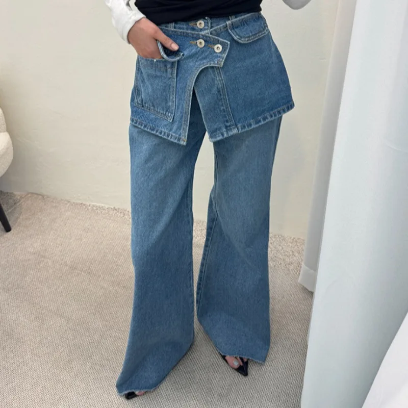 

SuperAen 2025 Spring New High Waist Buckle Stitching Fake Two-piece Jeans Women's Pants Trousers