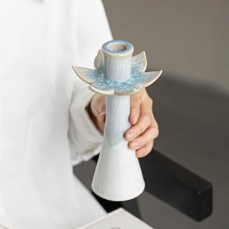 Handmade Lotus Shape Ceramic Candle Holder Indoor Tea Table Atmosphere Art Ornament Home Decor Candlestick