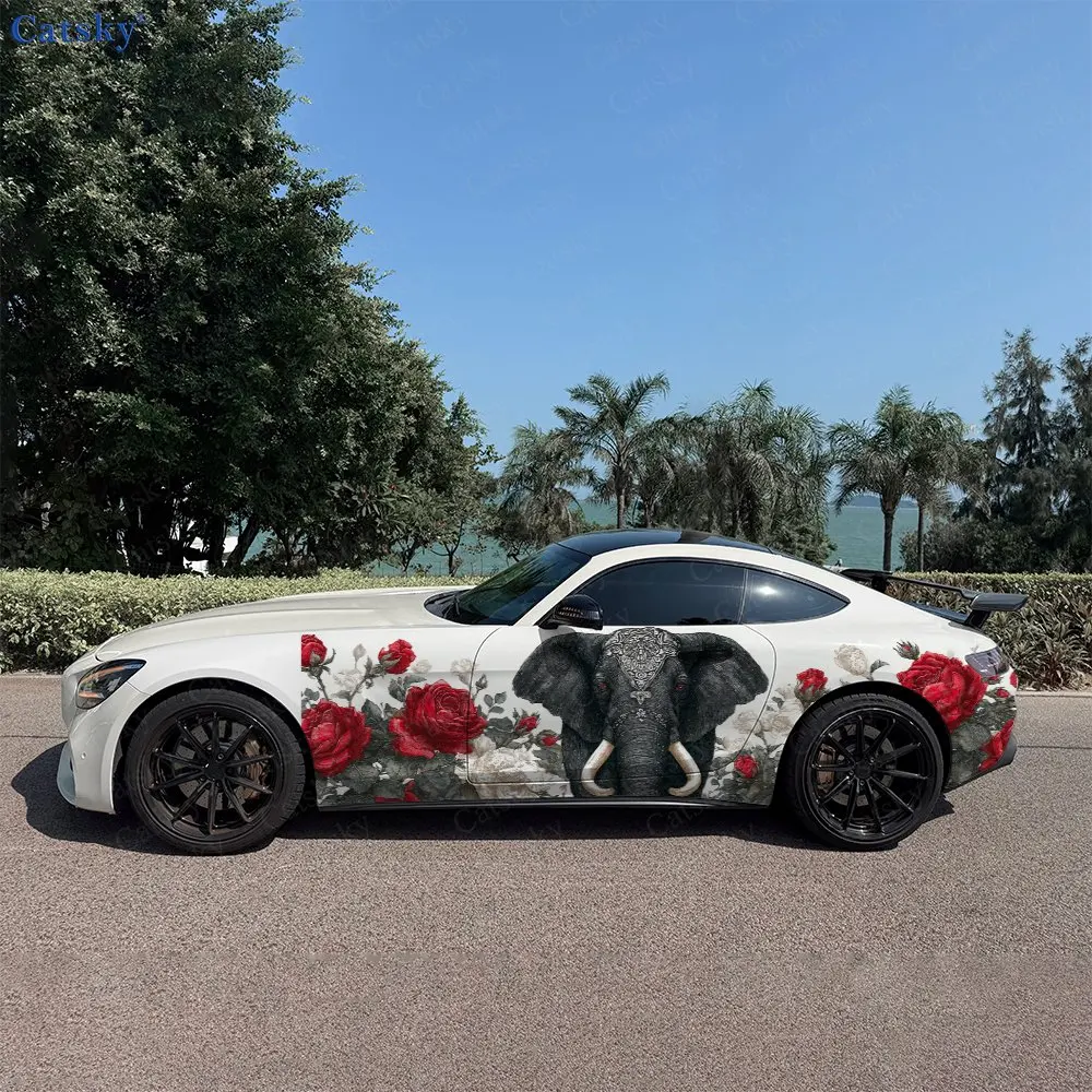 2pcs Elephant Matched Large Red Roses Car Side Wraps, Self-Adhesive PVC Waterproof & Scratch-Resistant Stickers, Car Accessory