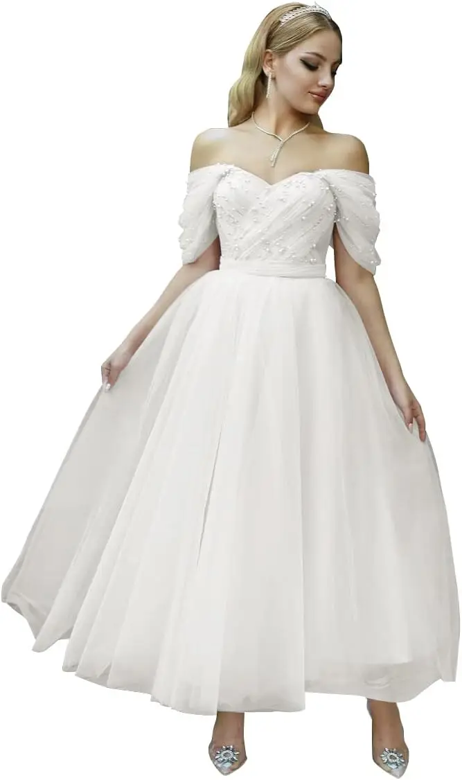 

Tulle Tea-Length Off-The-Shoulder Prom Dress for Women Sweetheart Beaded Puffy Gown Teens Princess Formal Dress