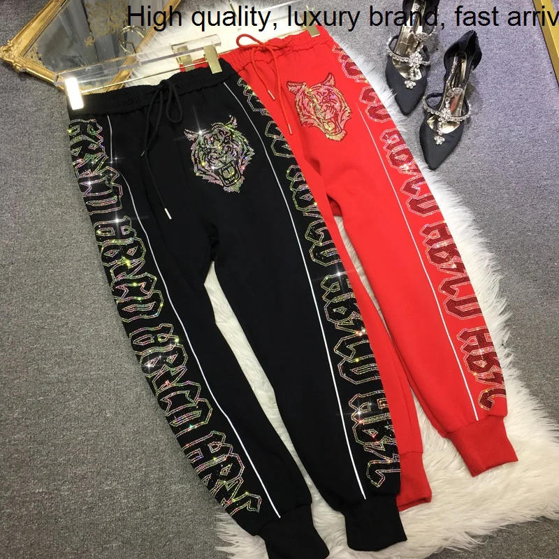 

Letters Hot Blingbling Drilling Casual Sweatpants for Women All-match Drawstring Elastic Waist Thicken Autumn Winter Sport Pants