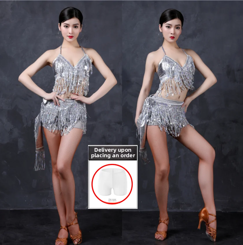 

Sexy Belly Dance Dress Nightclub Performance Costume Sequin Fringe Latin Dance Dress Top Waist Scarf Safety Pants Three Piece