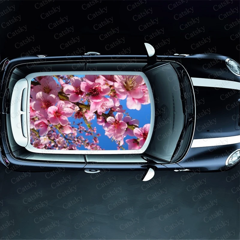 Cherry Blossom Print Car Roof Sticker Wrap Racing SUV Auto Accessories Packaging Painted PVC Car Hood Graphic Decal Decoration