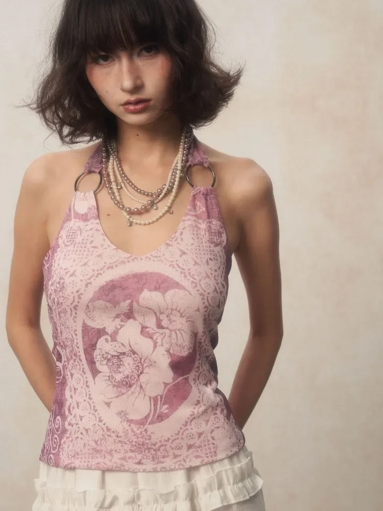Y2k Ästhetische Vintage Blume Drucken Halter Crop Tops Harajuku Verband Schlank Backless Sexy Camisoles Streetwear Fashion Tanks Frauen