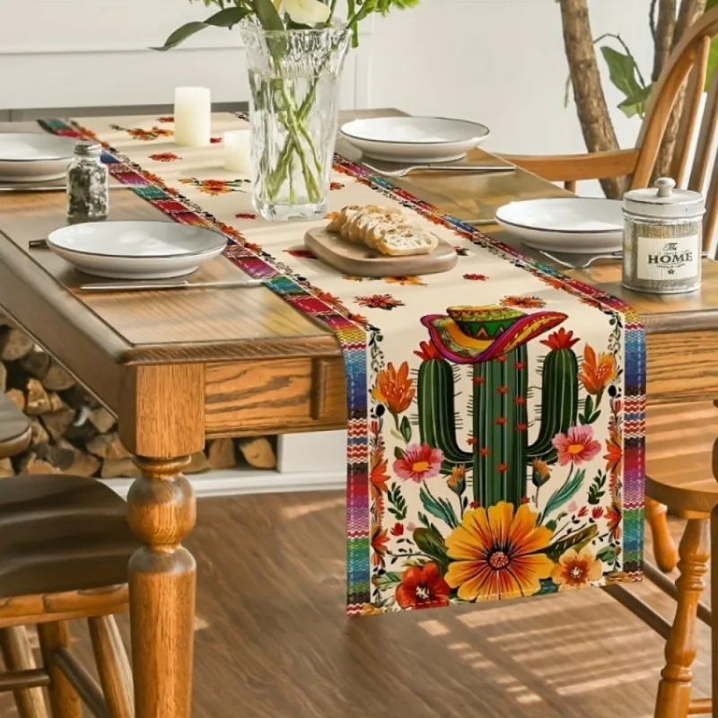 VIKAMA Mexican Cactus Sombrero Table Runner, Folk Art Rectangular Dining Table Cover for Cinco de Mayo Fiesta Party Decor