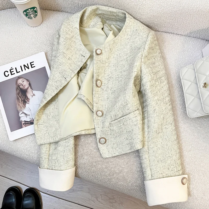 

French Simple Small Fragrance Suit Jacket Women Fashion Basic Loose Long-sleeved Color Matching Office Lady Tweed Coat Female