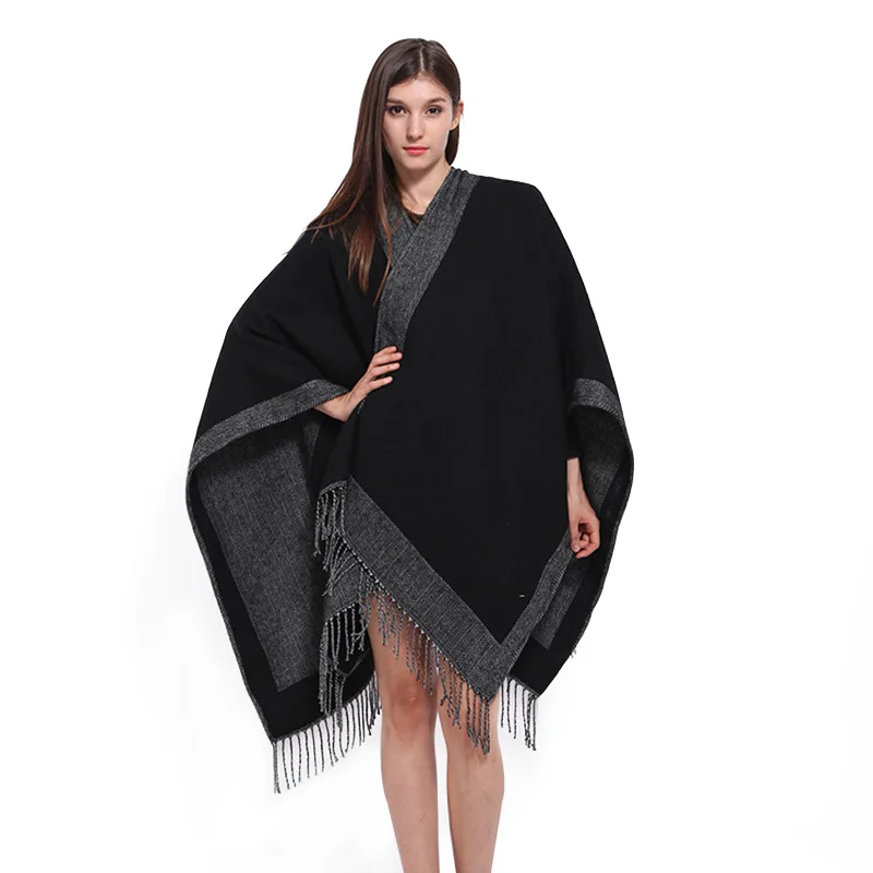 Women Cashmere Feel Shawl Lady Classic Black Cape Spring Autumn Vintage Cardigan Winter Tassels Cloak Two-sided Large Blanket