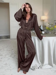 Marthaqiqi Autumn Women Sleepwear Set V-Neck Pajamas Long Sleeve Nightie Lace Up Crop Top Nightwear Pants Causal Nightgowns Suit