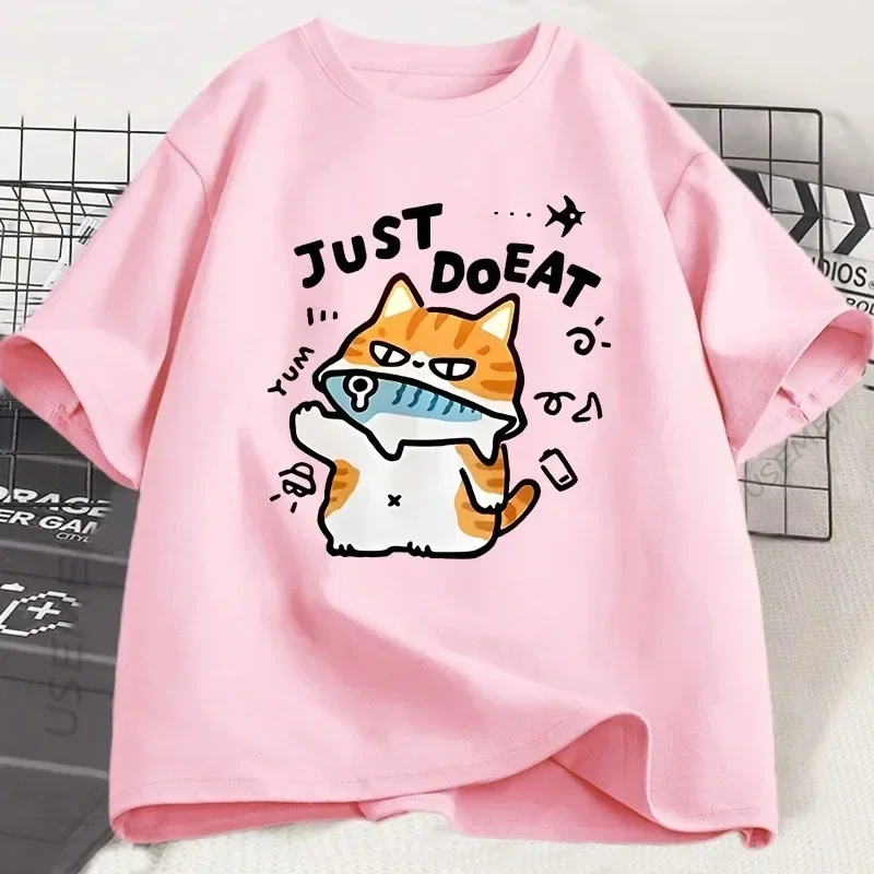 Camiseta divertida con diseño de gato Eat Fish para mujer, camisetas de verano con cuello redondo, ropa de calle para mujer, camiseta de manga corta