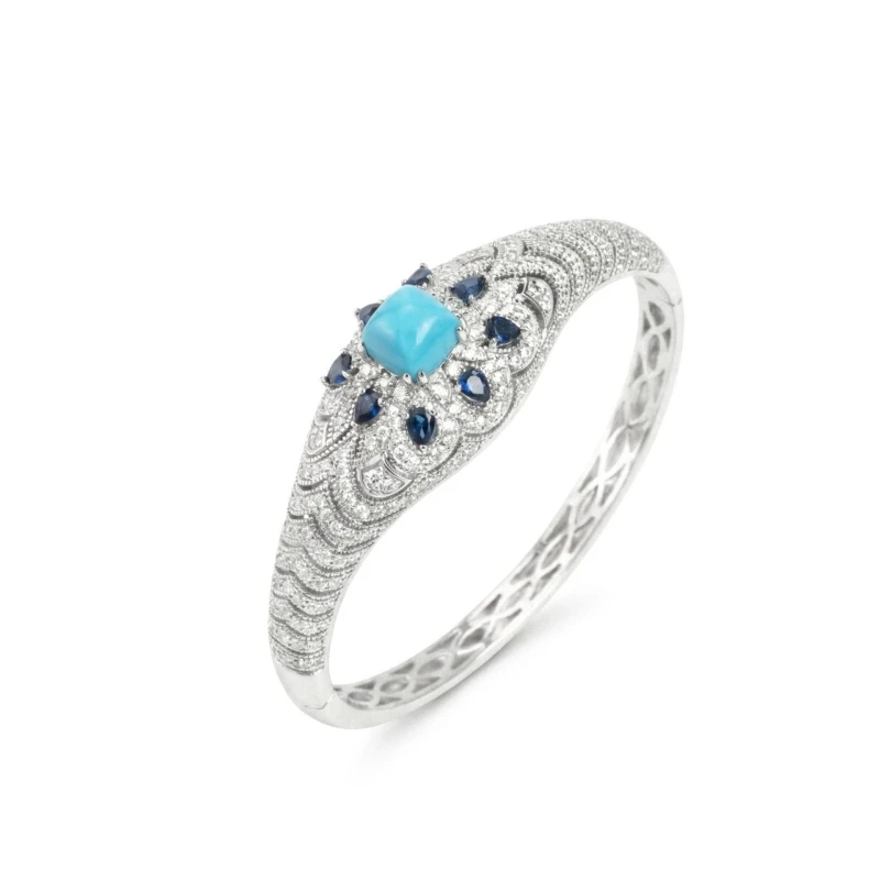 Bellux 925 Silver White Gold Plated Bracelet Synthetic Zircon Blue Turquoise Artdeco Jewelry Exquisite Bangle