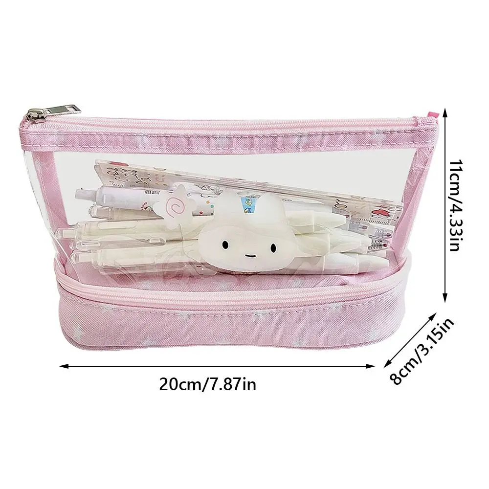 Pink Star Rabbit Pattern Pen Bag Transparent Double Layers Pencil Case Vertical Base Large Capacity Stationery Organizer