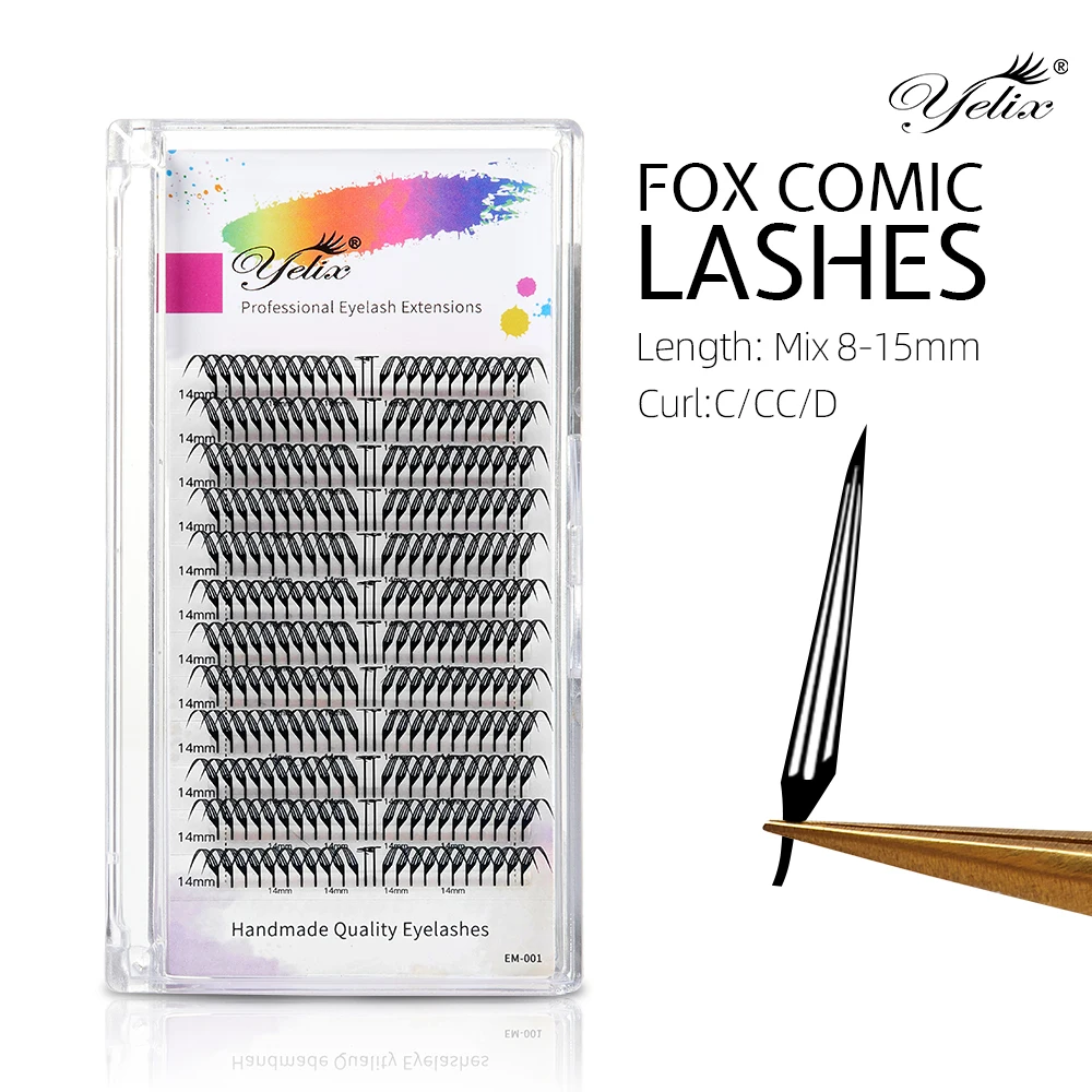 Yelix Fox Comic Eyelash Extensions Wispy Faux Mink False Lashes Fluffy Volume Soft Premade Lash Clusters Easy Graft No Scatter