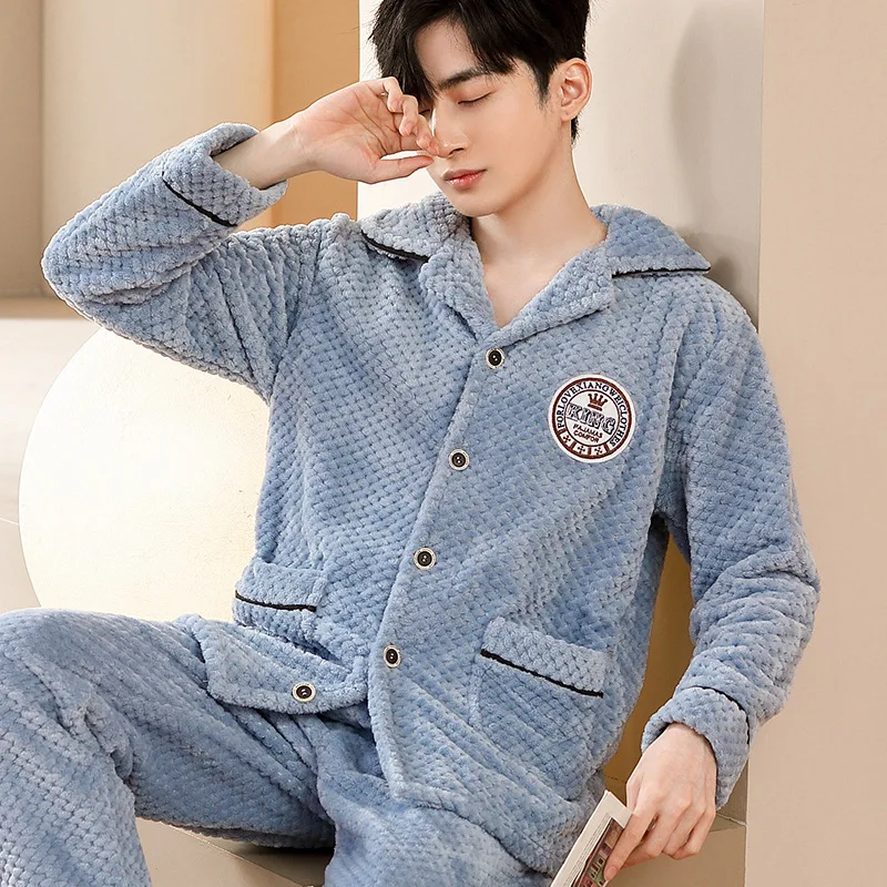Men's Simple Pajamas Winter New Thickened Double-sided Coral Fleece Home Clothes Fleece Large Size Pajamas Women Pijamas