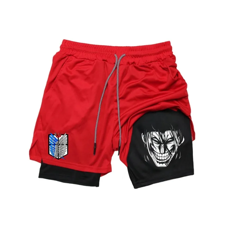 Pantaloncini da allenamento da corsa 2in1 con stampa Attack on Titan Pantaloncini da compressione performanti da uomo con tasca per telefono Abbigliamento sportivo sportivo